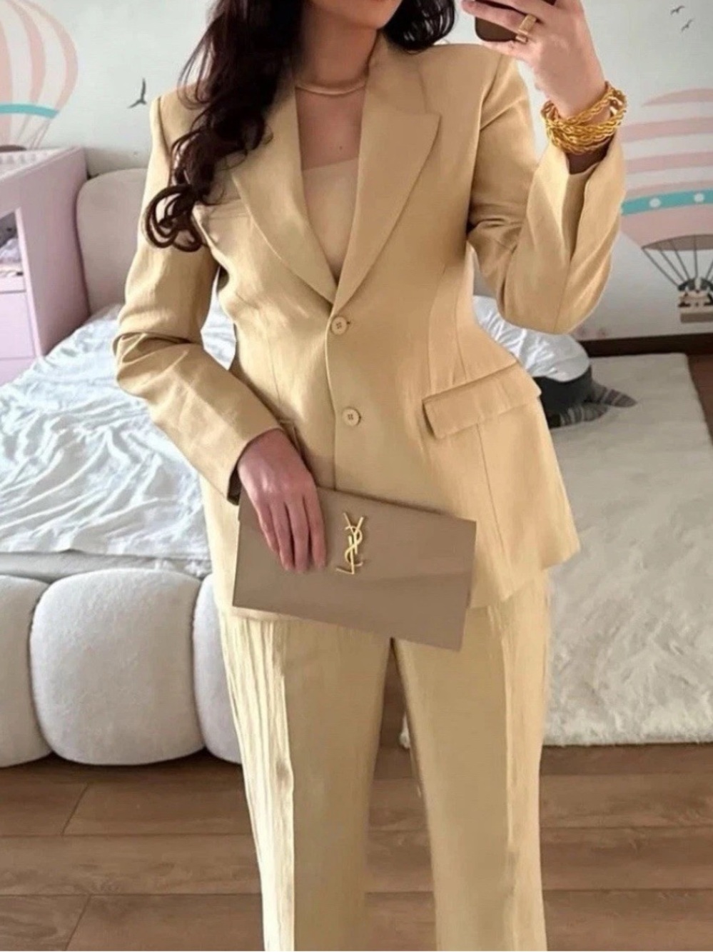 Zara NWT 2 piece SET ZW collection Gold cinch waist structured blazer & pants - Picture 4 of 15